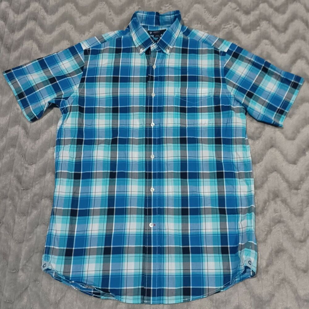 Daniel Cremieux Mens Size M Blue White Plaid Short Sleeve Button Down Shirt